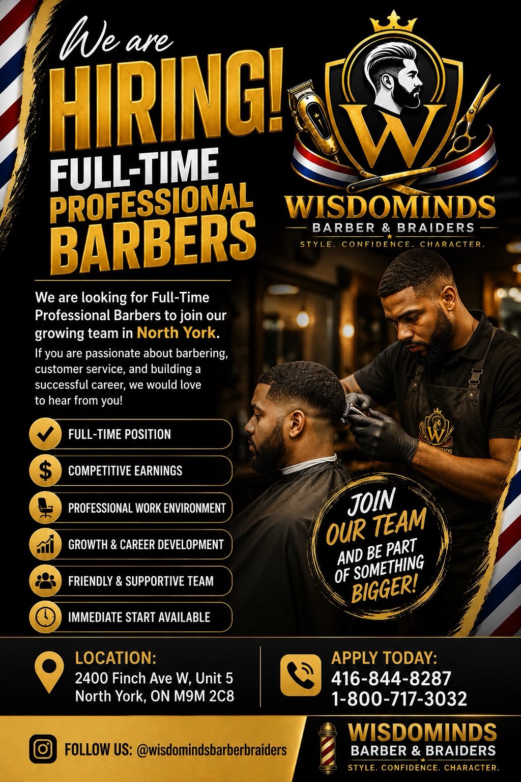 We are hiring full-time professional barbers — Wisdominds Barber & Braiders, North York