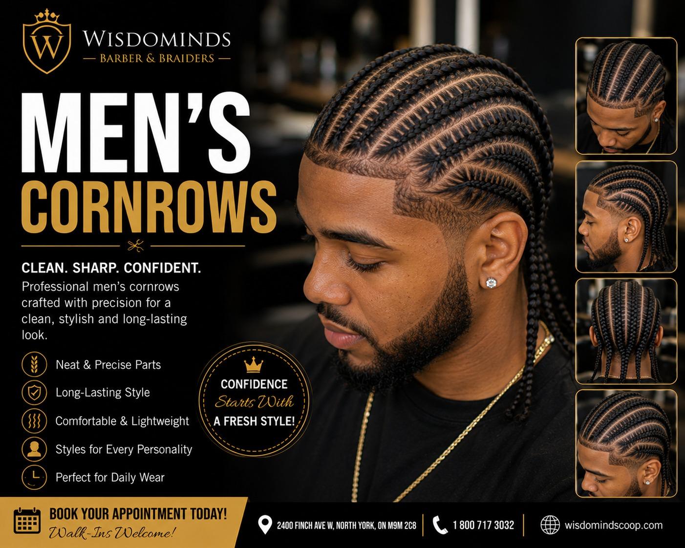 Men's cornrows at Wisdominds Barbers & Braiders